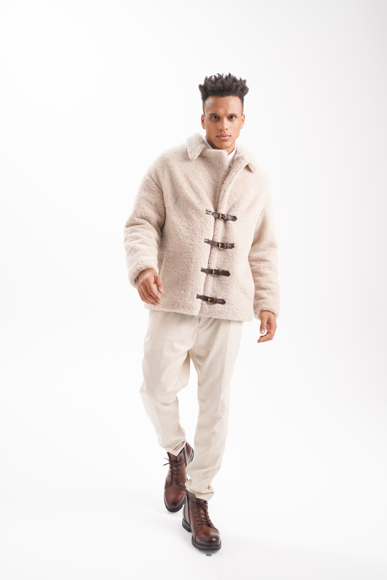 Teddy shearling coat with leather trims