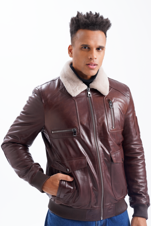 Dakota lambskin leather bomber jacket with shearling collar