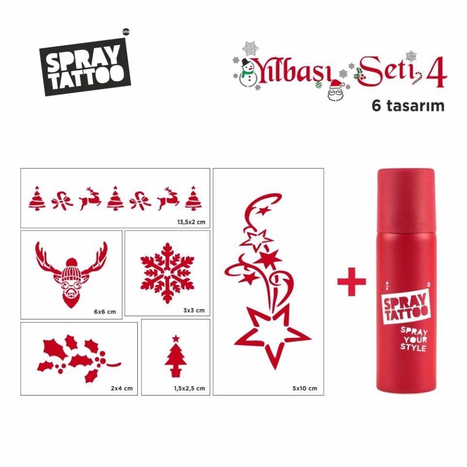 Yeni Yıl Dövme Şablon Set 4 + Kırmızı Sprey