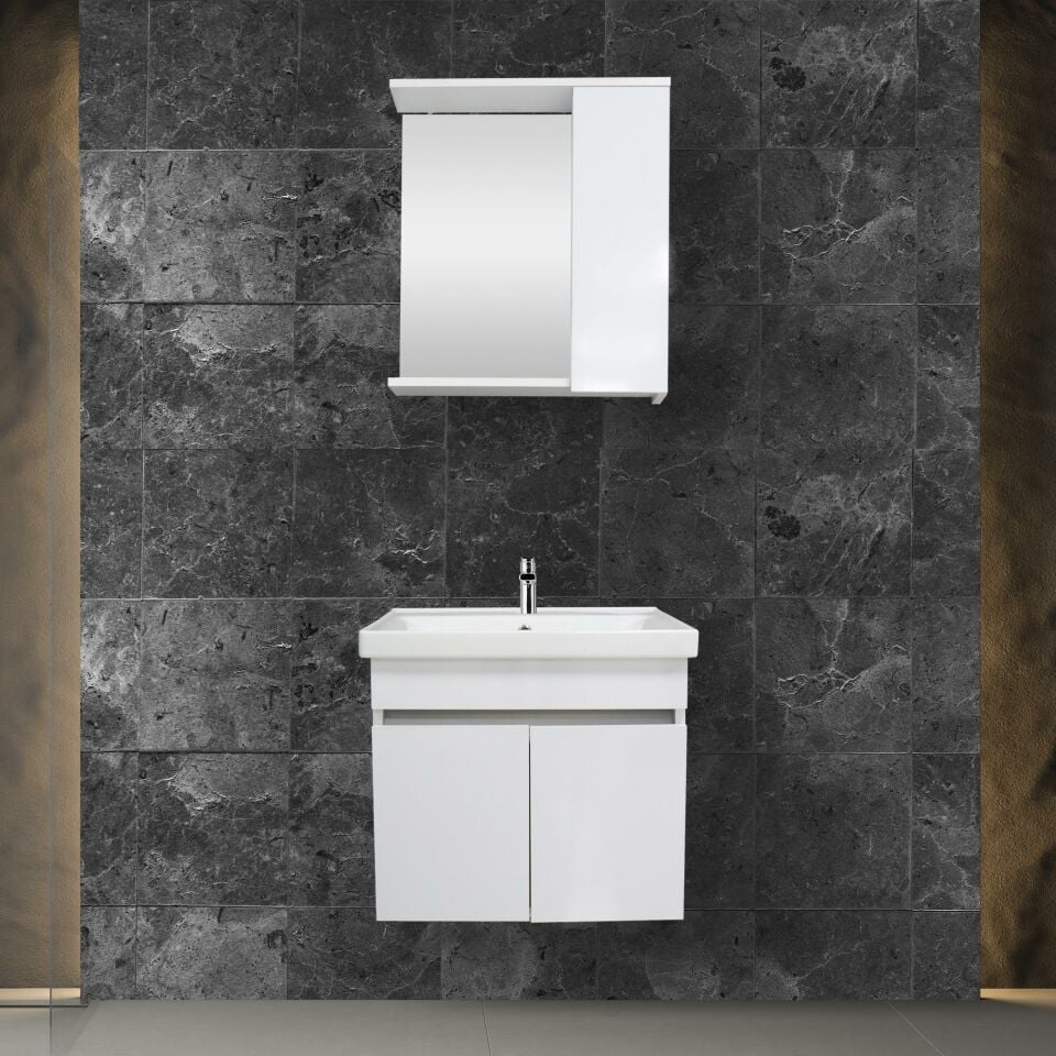 Karen Banyo Koza Banyo Dolabı Seti, 60 Cm Beyaz, Lavabo Dahil Lavabolu