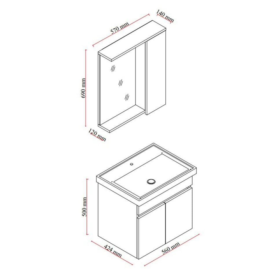 Karen Banyo Koza Banyo Dolabı Seti, 60 Cm Beyaz, Lavabo Dahil Lavabolu