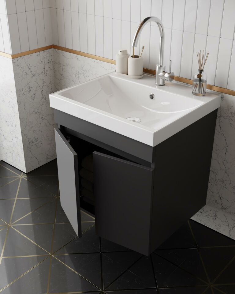 Karen Banyo Arya Banyo Dolabı Seti 60 Cm, Mat Antrasit, Lavabo Dahil, Lavabolu