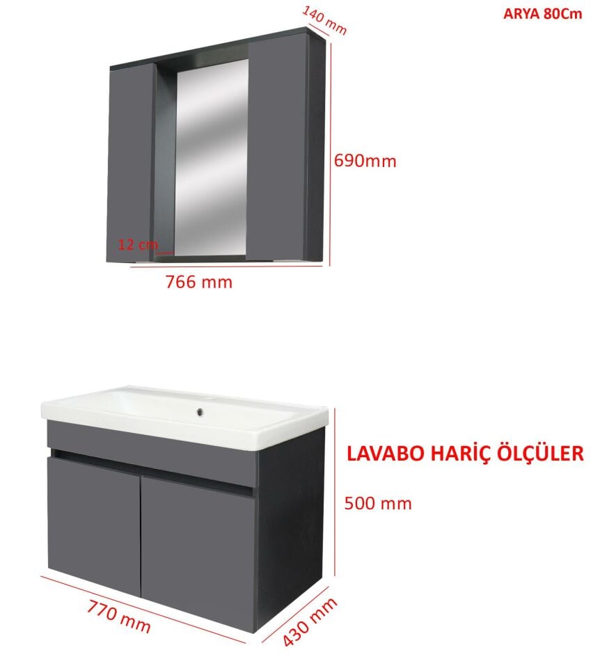 Karen Banyo Arya Banyo Dolabı Seti 80Cm, Mat Antrasit, Lavabo Dahil, Lavabolu