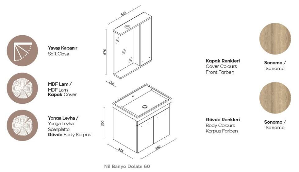 Karen Banyo Nil Banyo Dolabı Seti, 60 cm, Sonomo Meşe, Lavabo Dahil Lavabolu