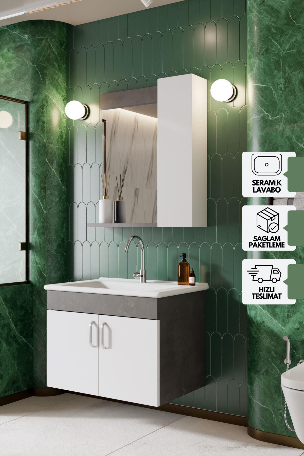 Karen Banyo Gümüş 65 CM Lavabolu Banyo Dolabı Retro Gümüş-Beyaz Lavabo ...
