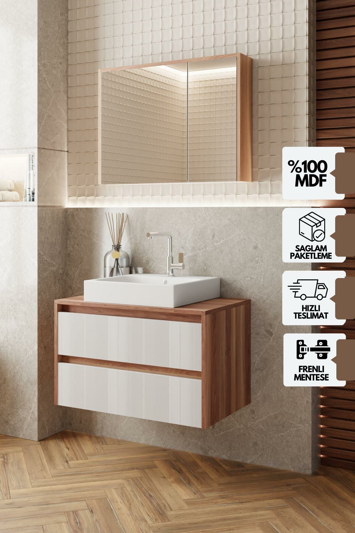 Karen Banyo Loon 80 Cm Tezgah Üstü Lavabolu Banyo Dolabı Seti Komple Mdf