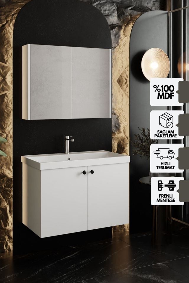 Karen Banyo Mimoza 80Cm Lavabolu, Aynalı Banyo Dolabı Seti, Seramik Lavabo Dahil, Beyaz, Mdf