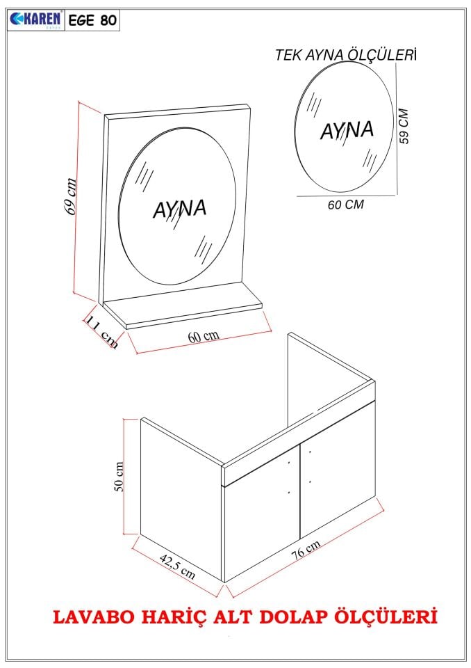 Karen Banyo Ege 80 Cm Lavabolu,Aynalı Banyo Dolabı Seti, Seramik Lavabo Dahil, Beyaz