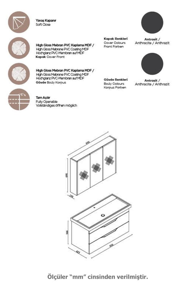 Karen Banyo Lotus Banyo Dolabı 100 Cm Lavabo Dahil Antrasit Çekmeceli Komple Mebran Mdf