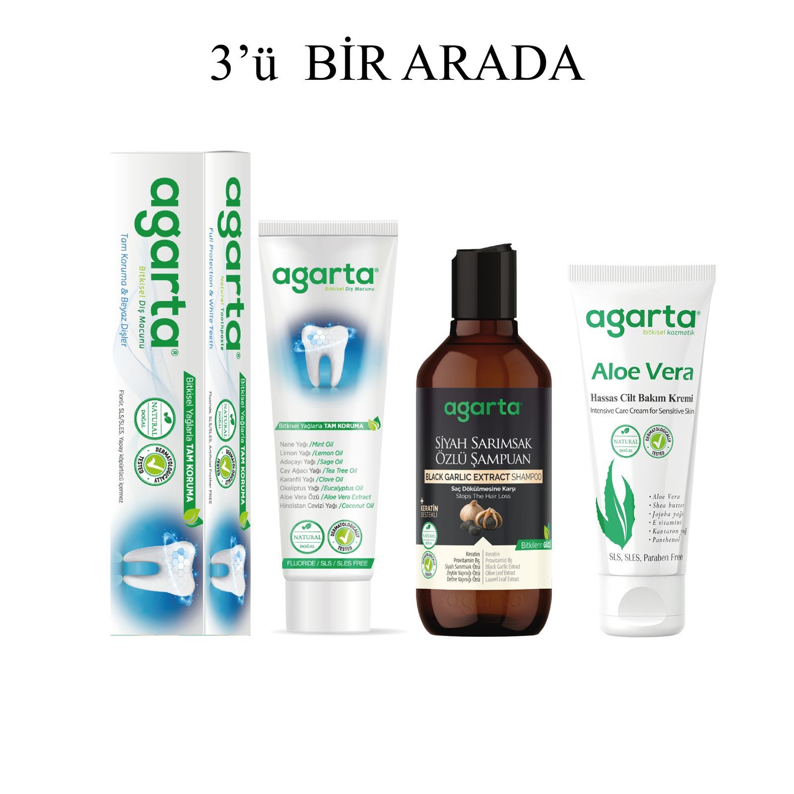 Agarta Tanışma Seti(Bitki Özlü Diş Macunu+Siyah Sarımsak Şampuan+Aloe Vera Nemlendirici Krem)