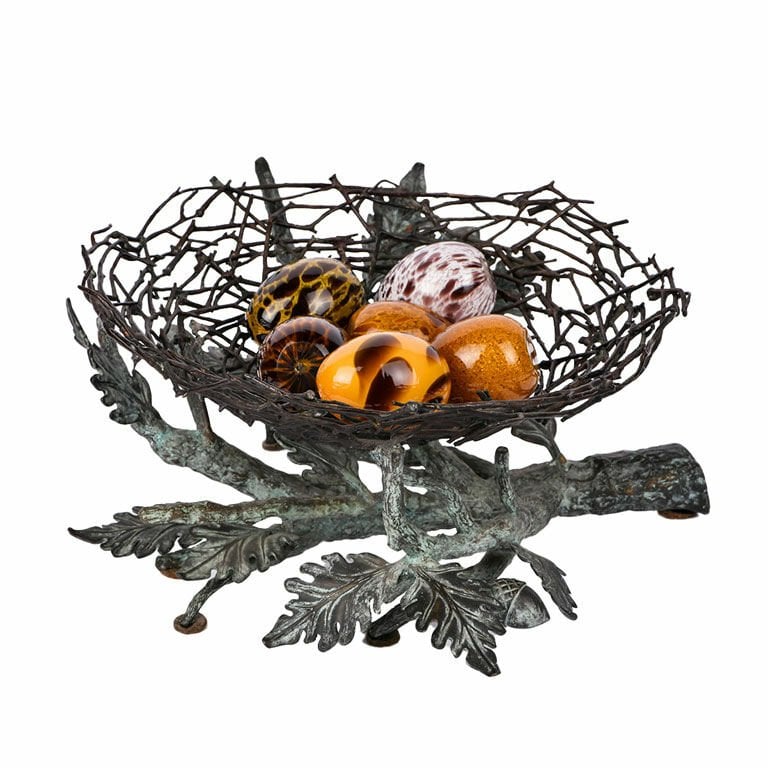 BIRD'S NEST WITH GEMSTONE EGGS ON BRASS BRANCH