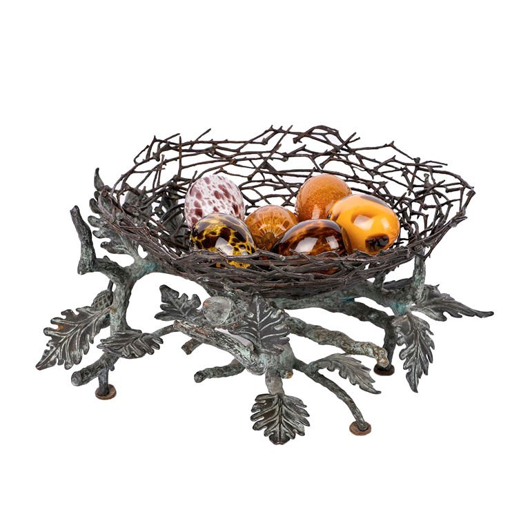 BIRD'S NEST WITH GEMSTONE EGGS ON BRASS BRANCH