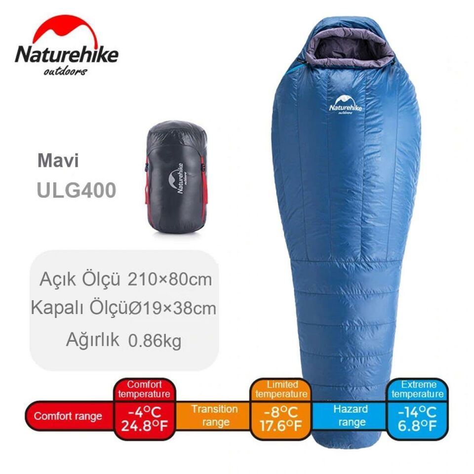 Naturehike ULG-400G Mumya Kaz Tüyü Uyku Tulumu -14°C Gri