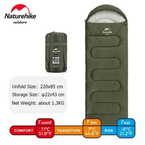 Naturehike Y150L Kapüşonlu Pamuklu Uyku Tulumu -6°C Yeşil - Right