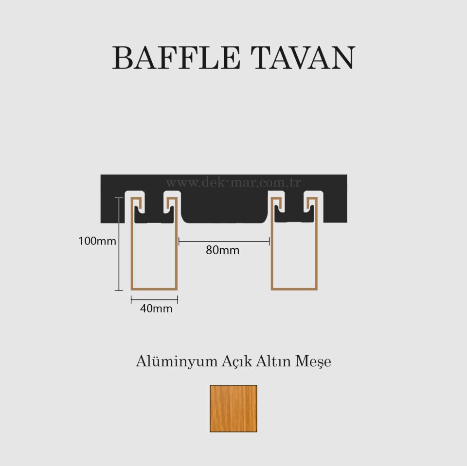 Baffle Metal Asma Tavan Alt Taban 40mm | Yükseklik 100mm | Aks 120mm - Alüminyum Açık Altın Meşe