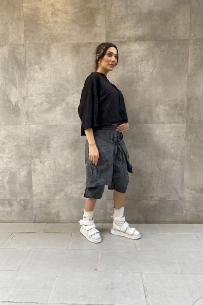 Kemerli Tasarım Oversize Fermuarlı Kapri Şalvar