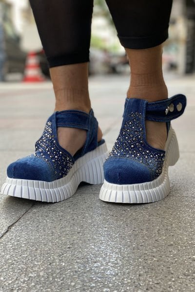 Taşlı Tasarım Yarı Açık Kot Sandalet
