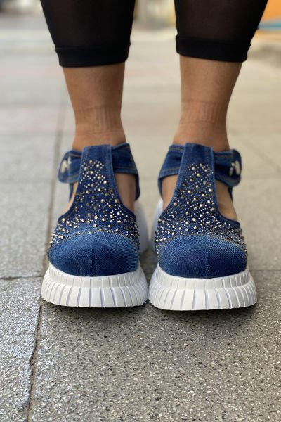 Taşlı Tasarım Yarı Açık Kot Sandalet