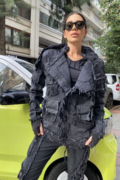 Unisex Yakası Cepli Asimetrik Tasarım Kot Ceket