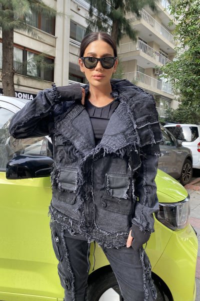 Unisex Yakası Cepli Asimetrik Tasarım Kot Ceket