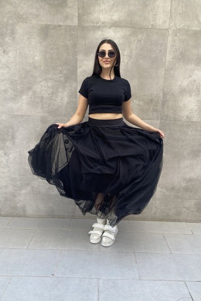 Tüllü Nakışlı Tasarım Oversize Etek