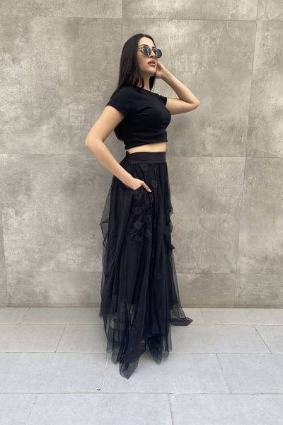 Tüllü Nakışlı Tasarım Oversize Etek