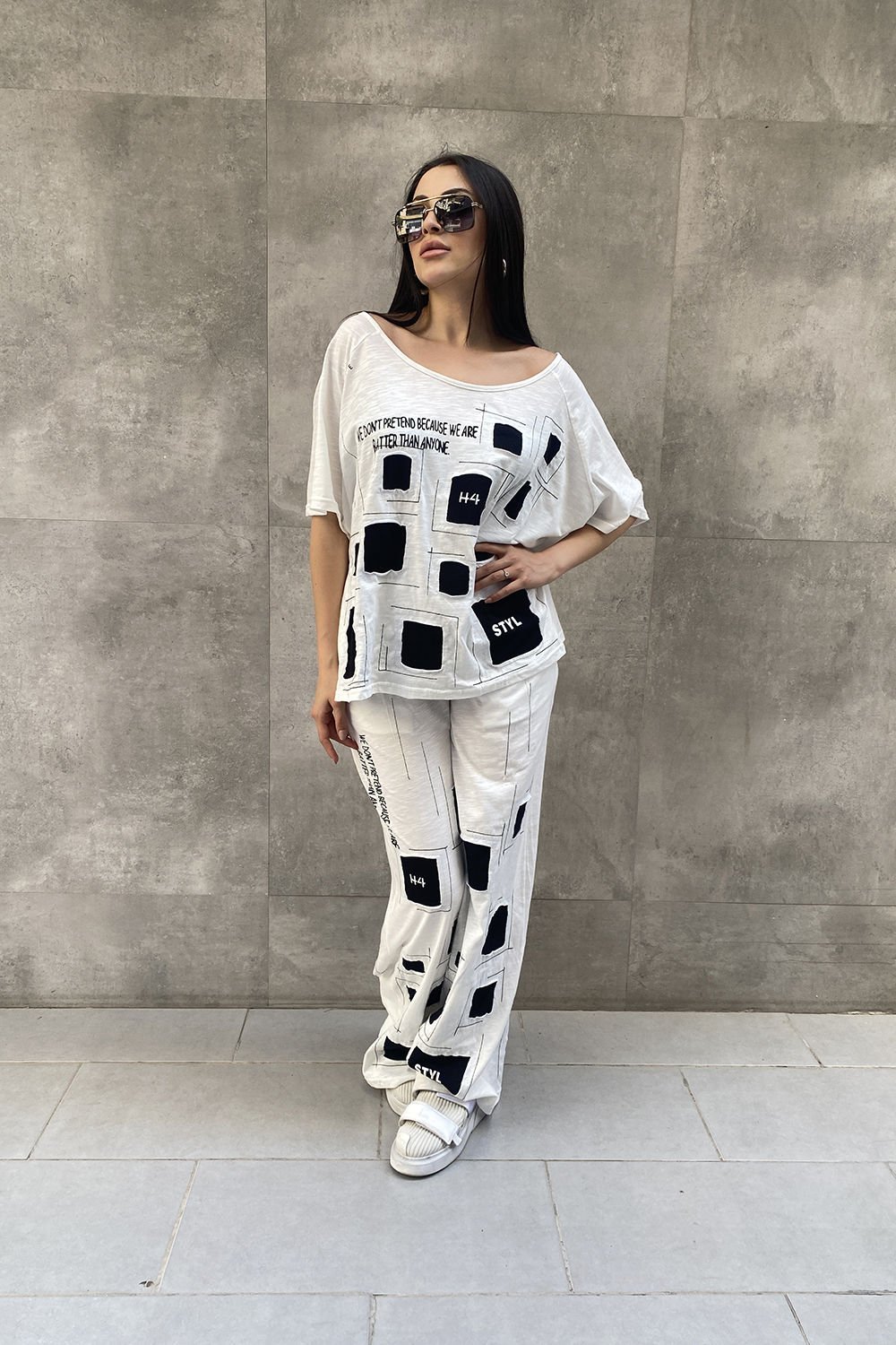 Damalı Tasarım Oversize Bluz Pantolon Takımı