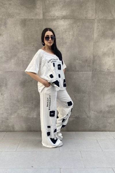 Damalı Tasarım Oversize Bluz Pantolon Takımı