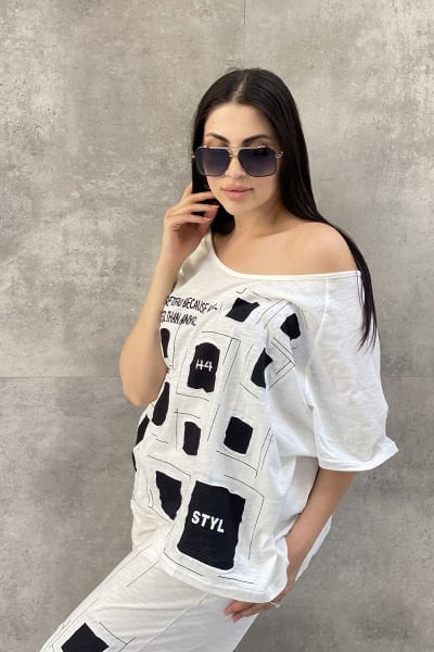 Damalı Tasarım Oversize Bluz Pantolon Takımı
