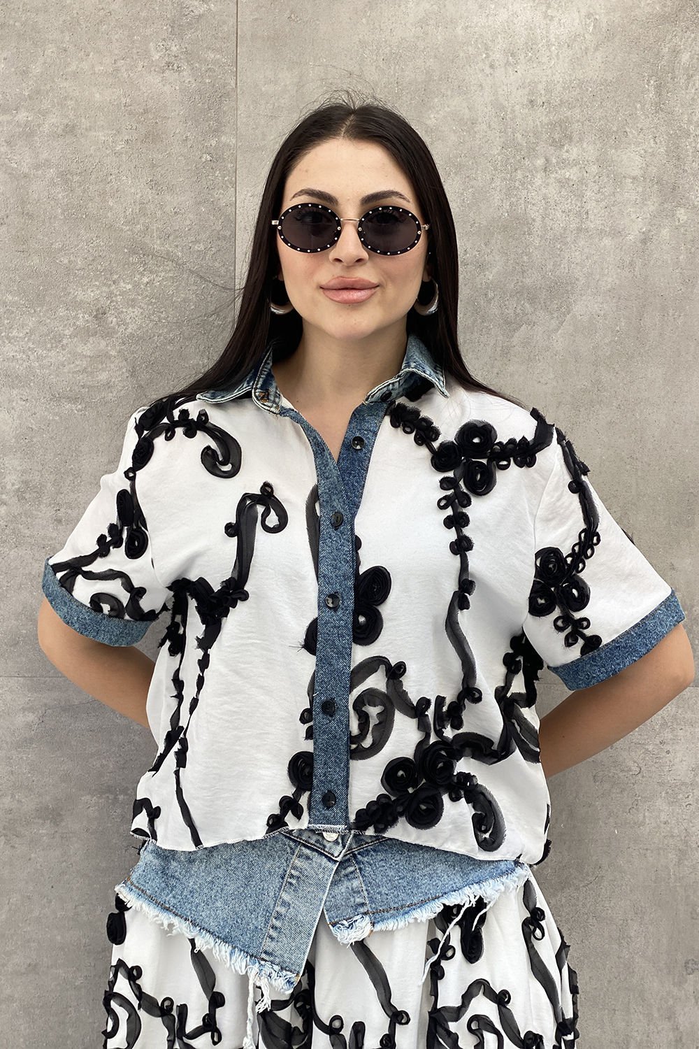 Oversize Tasarım Tül Motifli Gömlek&Bluz