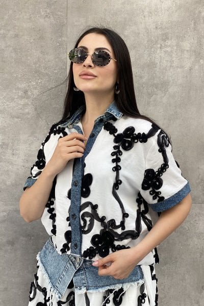 Oversize Tasarım Tül Motifli Gömlek&Bluz