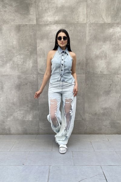 Tasarım Lastikli Kolsuz Kot Bluz