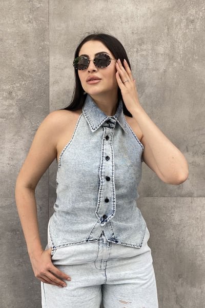 Tasarım Lastikli Kolsuz Kot Bluz