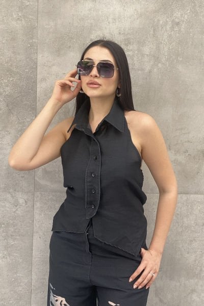 Tasarım Lastikli Kolsuz Kot Bluz