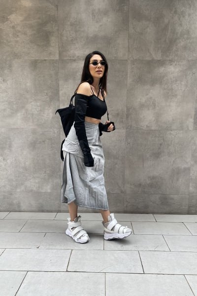 Asimetrik Taşlama Oversize Uzun Etek