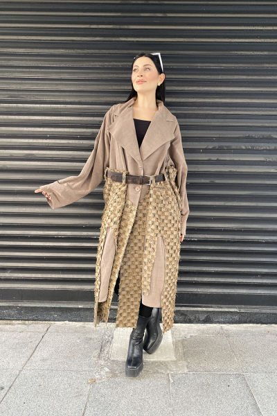 Damalı Tasarım Çift Kumaş Oversize Kemerli Trençkot