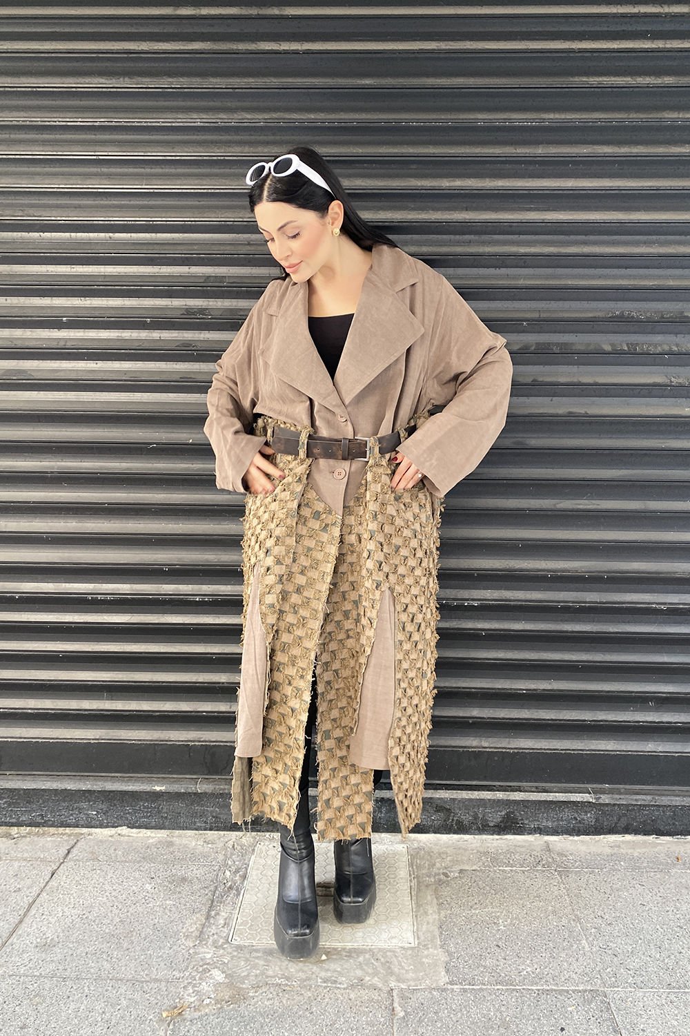 Damalı Tasarım Çift Kumaş Oversize Kemerli Trençkot