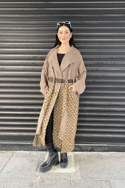 Damalı Tasarım Çift Kumaş Oversize Kemerli Trençkot