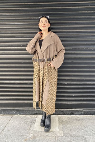 Damalı Tasarım Çift Kumaş Oversize Kemerli Trençkot