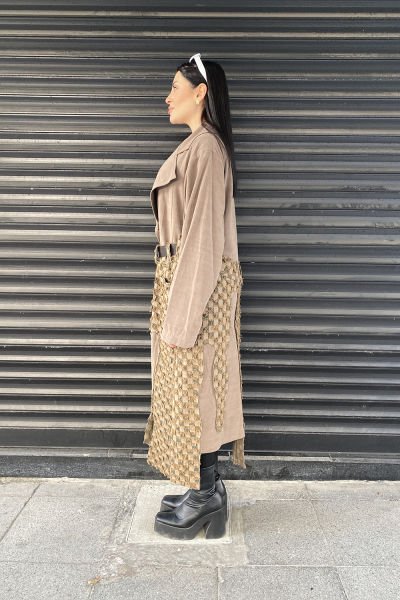 Damalı Tasarım Çift Kumaş Oversize Kemerli Trençkot