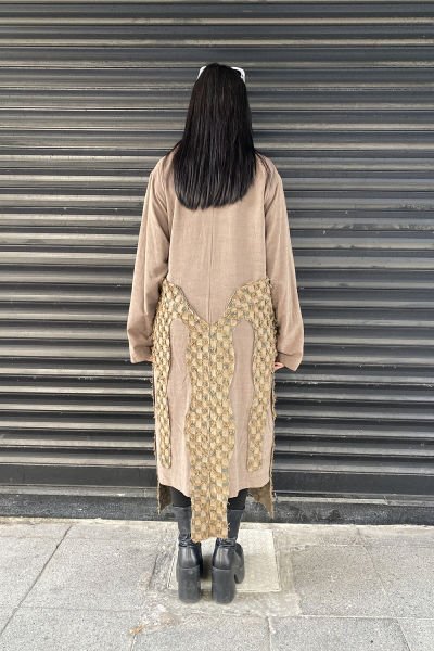 Damalı Tasarım Çift Kumaş Oversize Kemerli Trençkot