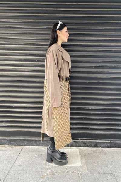 Damalı Tasarım Çift Kumaş Oversize Kemerli Trençkot