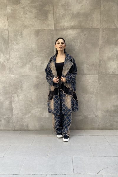 Fileli Tasarım Kumaş Oversize Trençkot