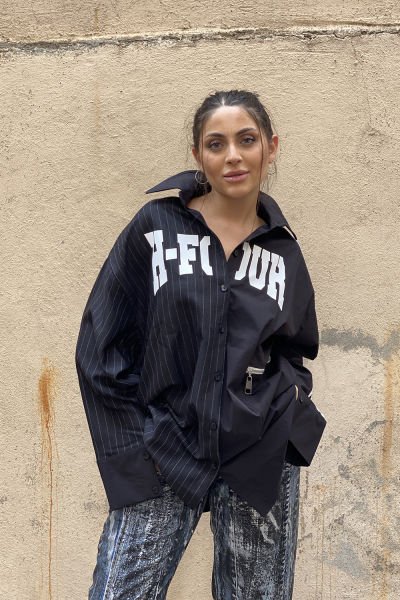 ''H Four'' Tasarım Oversize Çizgili Gömlek