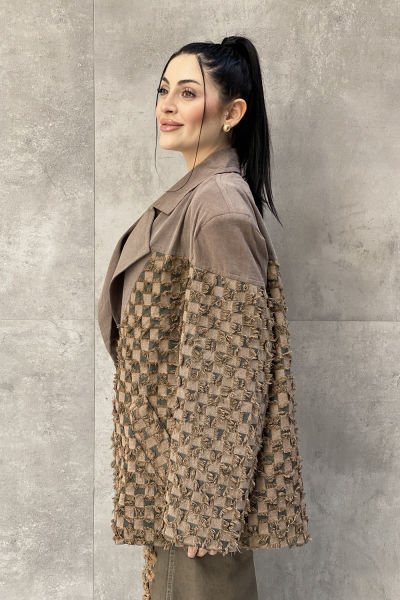 Damalı Tasarım Çift Kumaş Oversize Blazer Ceket