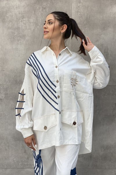 İpli Tasarım Dokuma Oversize Gömlek
