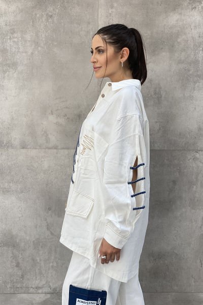 İpli Tasarım Dokuma Oversize Gömlek