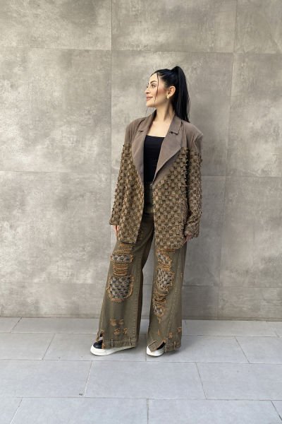 Damalı Tasarım Çift Kumaş Oversize Kot Pantolon