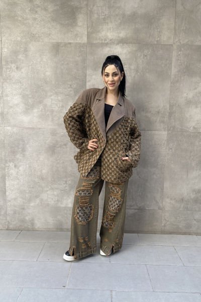 Damalı Tasarım Çift Kumaş Oversize Kot Pantolon