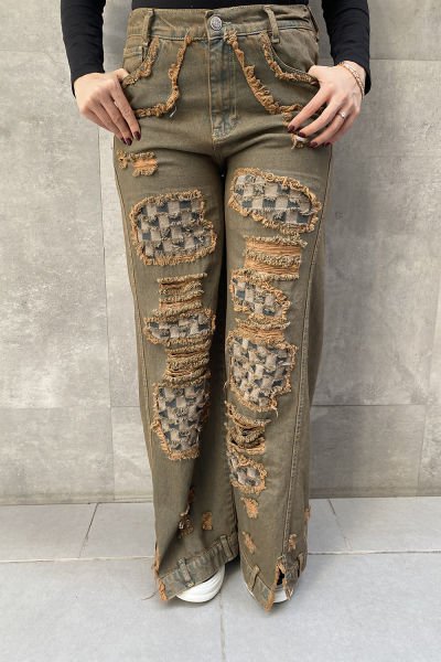 Damalı Tasarım Çift Kumaş Oversize Kot Pantolon
